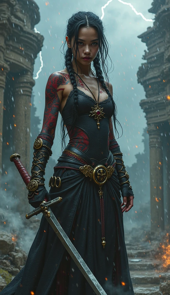 full body, (walking:1.1), (slow motion:1.2), assassin wearing black cloth made of liquid paint, wet dripping mascara, raining, wet, red cloak, (insanely detailed:1.5), ((analog)), (highest quality, Alessandro Casagrande, Greg Rutkowski, Sally Mann, concept art, 4k), (colourful), (high sharpness), ((detailed pupils)), red eyes, ((painting:1.1)), (digital painting:1.1), detailed face and eyes,Masterpiece, best quality, highly detailed photo:1, 8k, detailed face,photorealistic, (silver Hair,ponytail hair cut, ecstatic:1.1),(older woman:1.3),By jeremy mann, by sandra chevrier, by maciej kuciara,((samurai)), sharp, ((perfect body)), realistic, real shadow, 3d, ((crop top)), ((full body)), ((forest background)), (by Michelangelo)