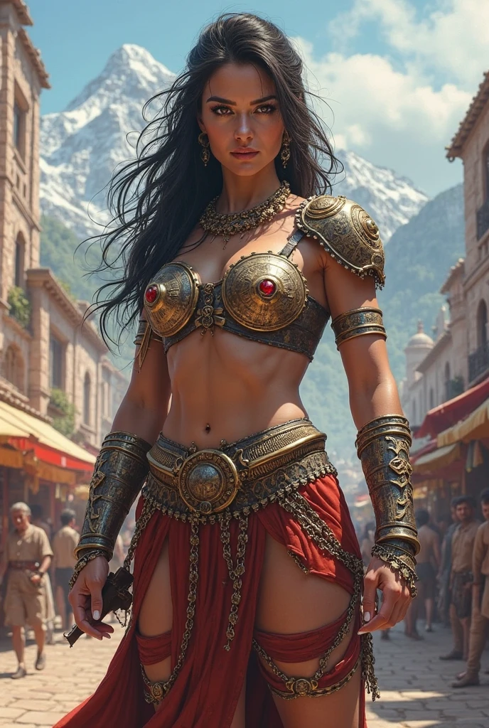 A warrior slave standing in a coliseum holding a broken axe, sweating on her body, wearing chain armor, many bodies on the ground, loose hair, green eyes, pale skin, angry face, blood on the ground, full body, 4K, ultra detailed, unreal motor 4, hyper realistic