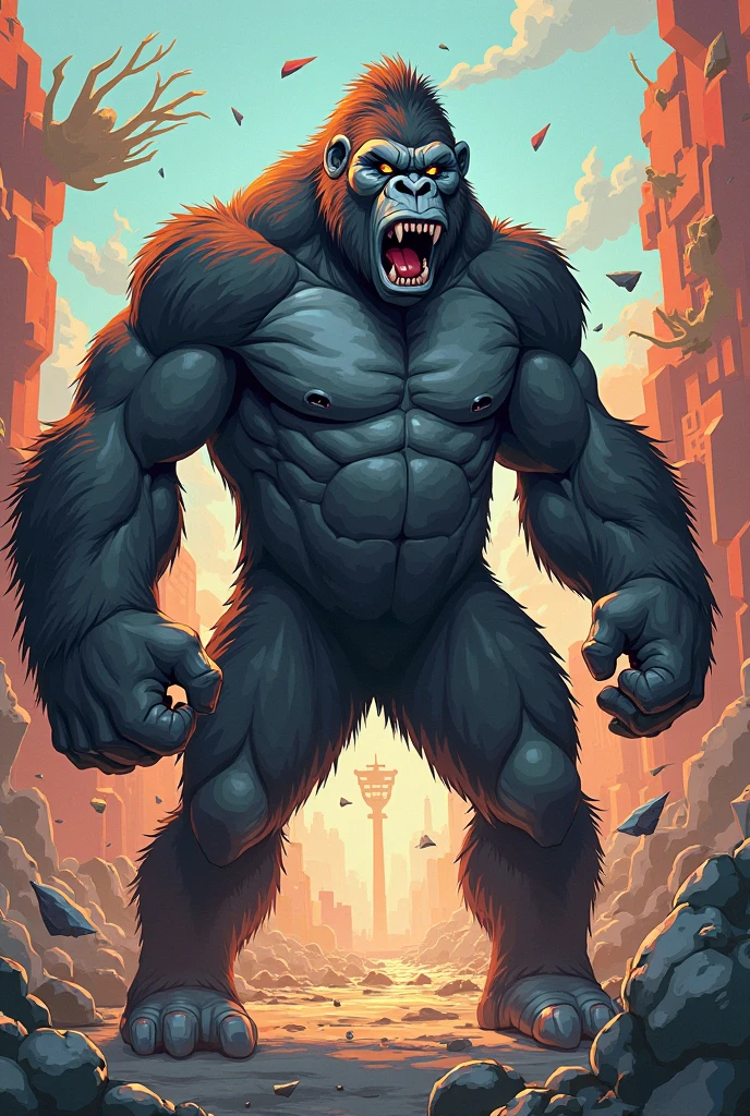 Devastated New York being attacked by King Kong, seen at the end of the street. cinematic style.