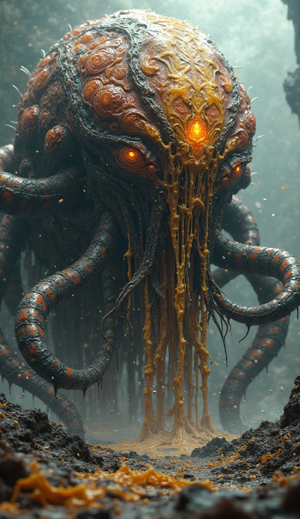 Fine Art, black-white-red-green, high contrast, National Geographic Foto: André Uhlisch - Art, , digital painting of a colorful old octopus with bloody head with faces and glowing legs, in a glittering dress and delicately arranged furry arms and dusty legs,riding on the head of a dog . recorded in the style of post-apocalyptic 