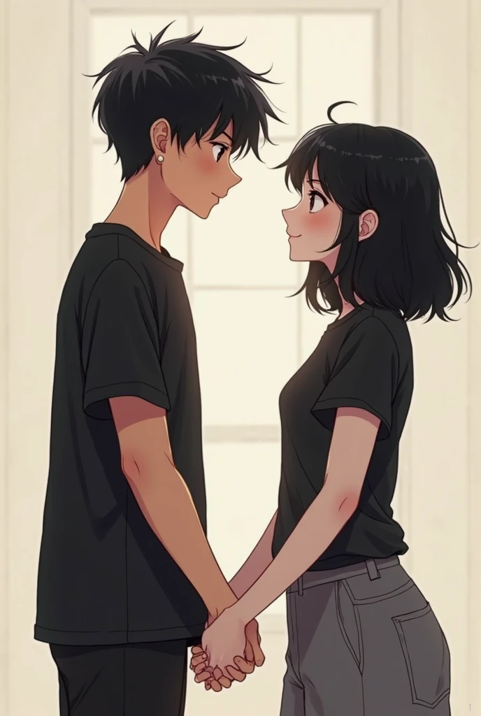 a couple, A boy with black hair, black eyes and glasses and the girl with shoulder-length black hair, with brown eyes , that they have their backs, Very realistic drawing style