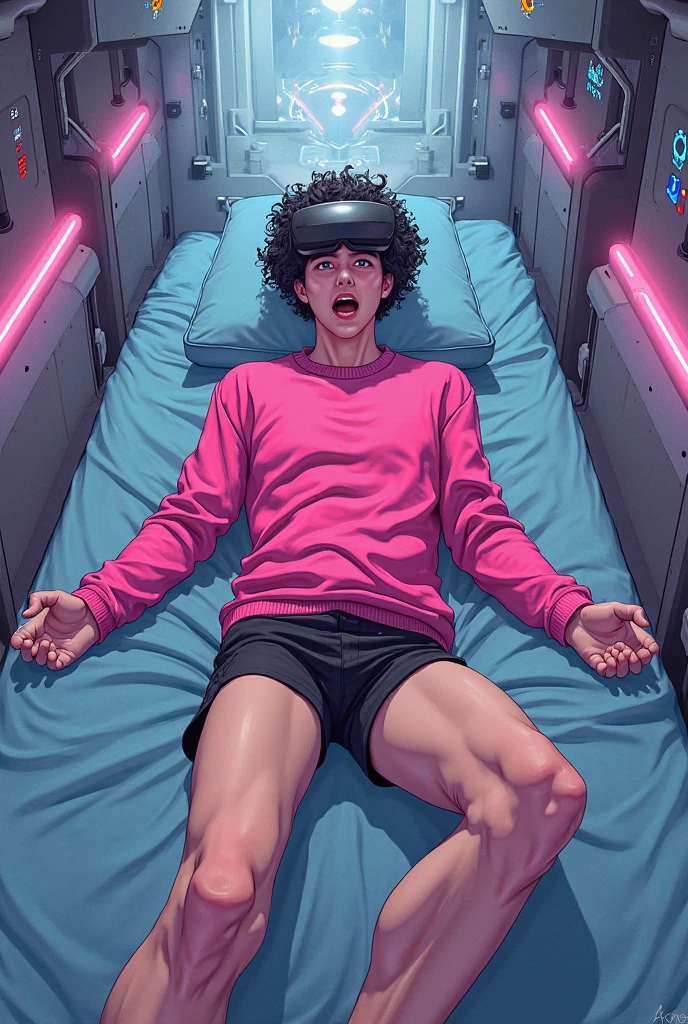 A tired-looking man lies on a sofa in a dark room，With eyes closed，Transparent Thong((Detailed thick penis:1.5))，In his imaginary world，There was a bright mist above his head，In the fog，Anime girls smiling happily。