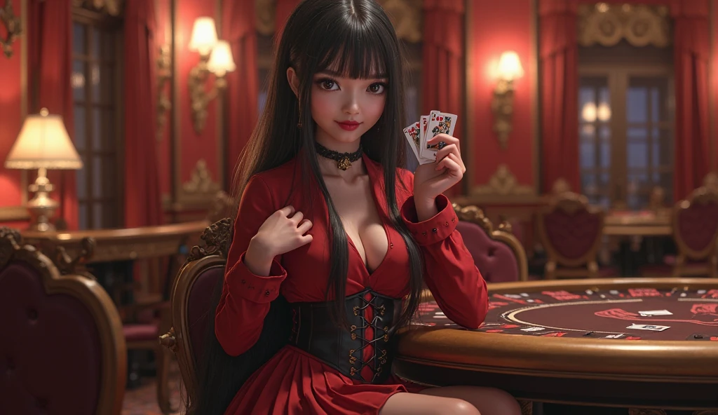 Create a hyperdetailed photorealistic macro image of a queen of hearts playing card lying on a card table. The queen is composed entirely of multiple tiny hearts. She looks contemporary, beautiful, and modern. She is portrayed as a temptress in a red silk dress surrounded by smokey red hearts and beckoning the viewer to enter the card with her finger emerging from the card in 3D along with red smoke. Add a red poker chip to the table.
