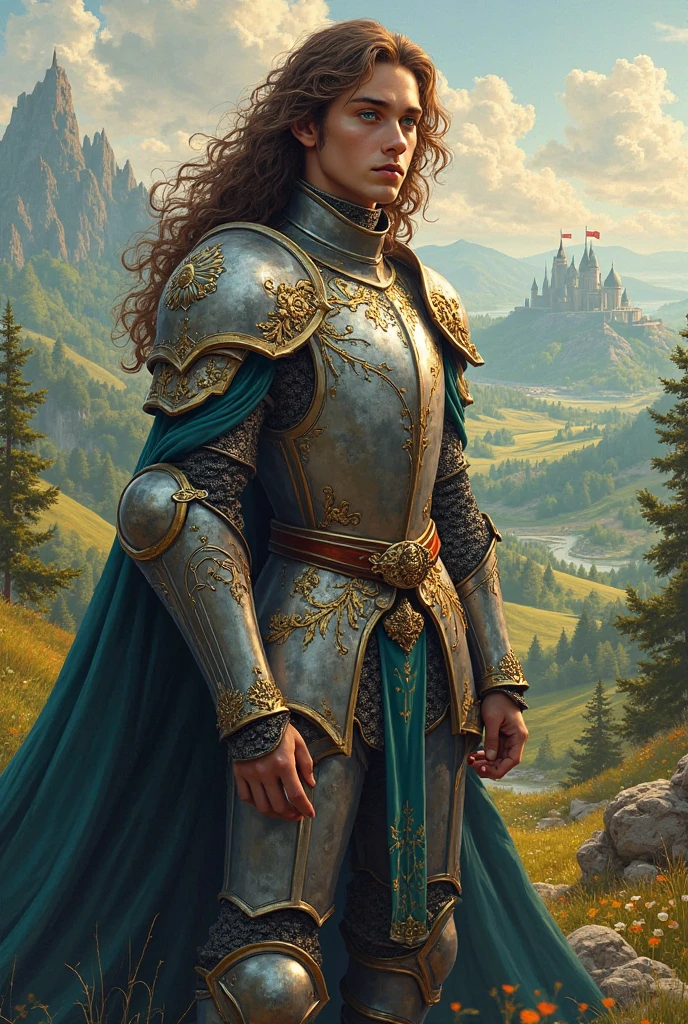 (Masterpiece), (1girl), (best quality), (best artist), (best intensity), (best environment and background), (best landscape), a warrior girl wearing armor, long brown hair, yellow eyes, landscape of flowering fields, semi-dark, neutral lighting, a little without lighting.