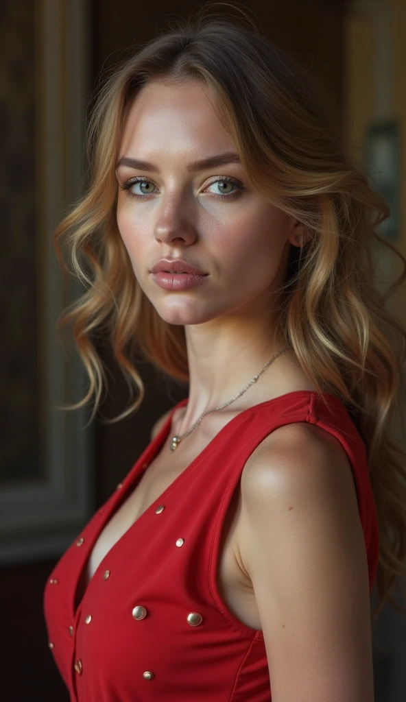 Beautiful blonde with big breasts in a red dress (Beautiful Italian city in the morning sun),Wearing headphones,Very detailed, 21 years old, Innocent face, Naturally Wavy Hair, blue eyes, High resolution, masterpiece, Highest quality, Intricate details, Very detailed, Clear focus, Delicate skin, practical skin texture, texture, Delicate eyes, Professional, 4K, Cute Smile, Shot with Canon, 85mm, Shallow and deep, Kodak Vision Color, Exactly, Very detailed, photograph_\(Extremist\), photographpractical, practical, Post-processing, Maximum details, Roughness, Real Life, Extremist practical, Photorealism, photographgraphy, 8K Ultra HD, photographgraphy