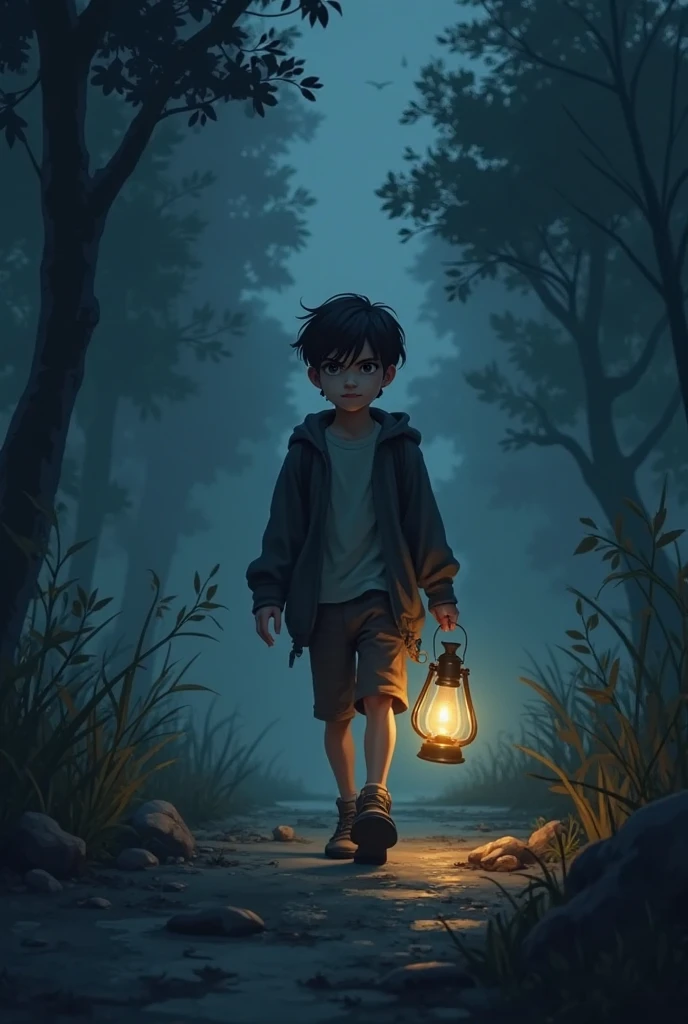 "Create a logo featuring a young boy holding a lantern that emits a soft, warm light, guiding his way through a dark forest. The boy’s expression should be determined, symbolizing his journey of self-empowerment and overcoming loneliness. The lantern light should illuminate the path ahead, representing hope and direction. Use contrasting colors, such as dark blues and blacks for the forest and warm yellows for the lantern light, to emphasize the contrast between darkness and light."