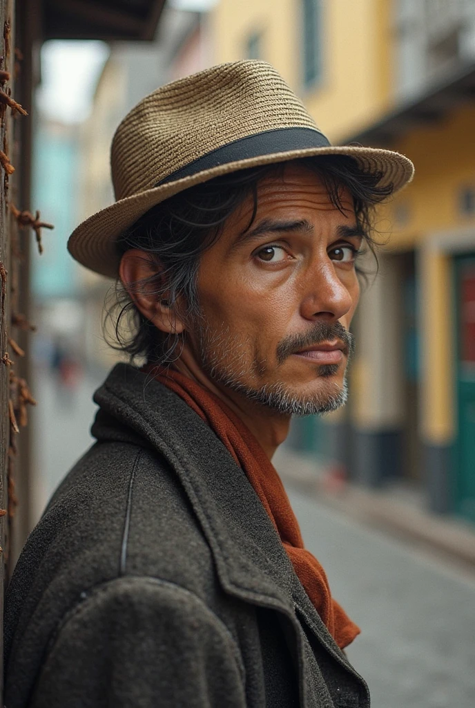 Sensual photo of a skinny guy with a thin mustache , hair styled with gel back, Light brown eyes, He is in a backyard in the favela , he is naked, He is looking sensually at the camera, homem gay sensual , dirty fedora , stinking, drugged