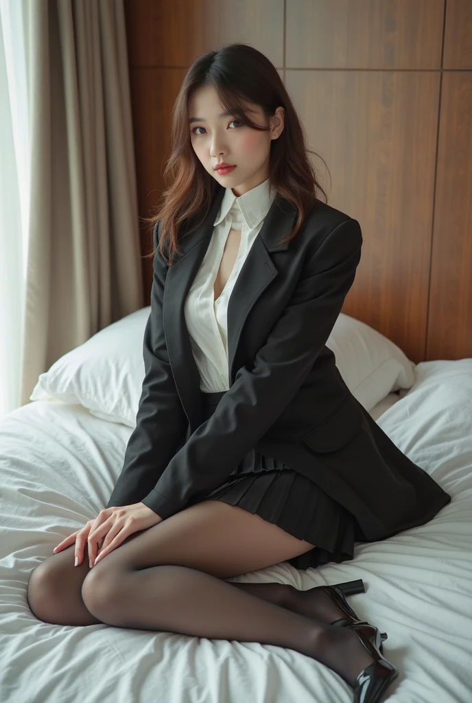 (masutepiece:1.2),High quality,vivd colour,flat-colors,Deep Depth Of Field,Lens Flare,1 girl,Black hair,eyecontact,Suit,Collared shirt,Belt bag,suspenders,Professional,Office Lady,Mature Women,Black mini skirt garterbelts knee high Stockings Black Niso Colorcon armpit sweat perspiring Side of both hands,Black jacket,Gaze,ample bosom,Armpit sweat,Exposing the armpits"Pichi Pichi clothes Under the bed