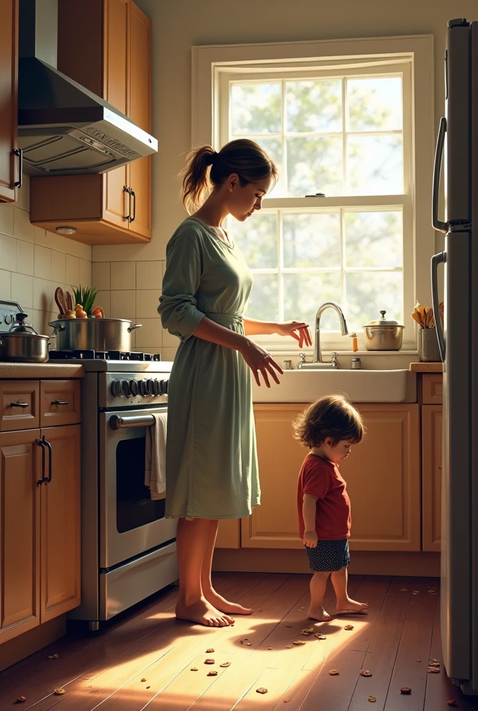 A tall comparison between a Bulgarian woman very tall plus-size very pretty strong hands shoulders thighs wearing Tennis champion bent raising hand to give a bottle inside the room beside a small guy wearing soccer inside the kitchen , high quality captured from real people Sony camera HD