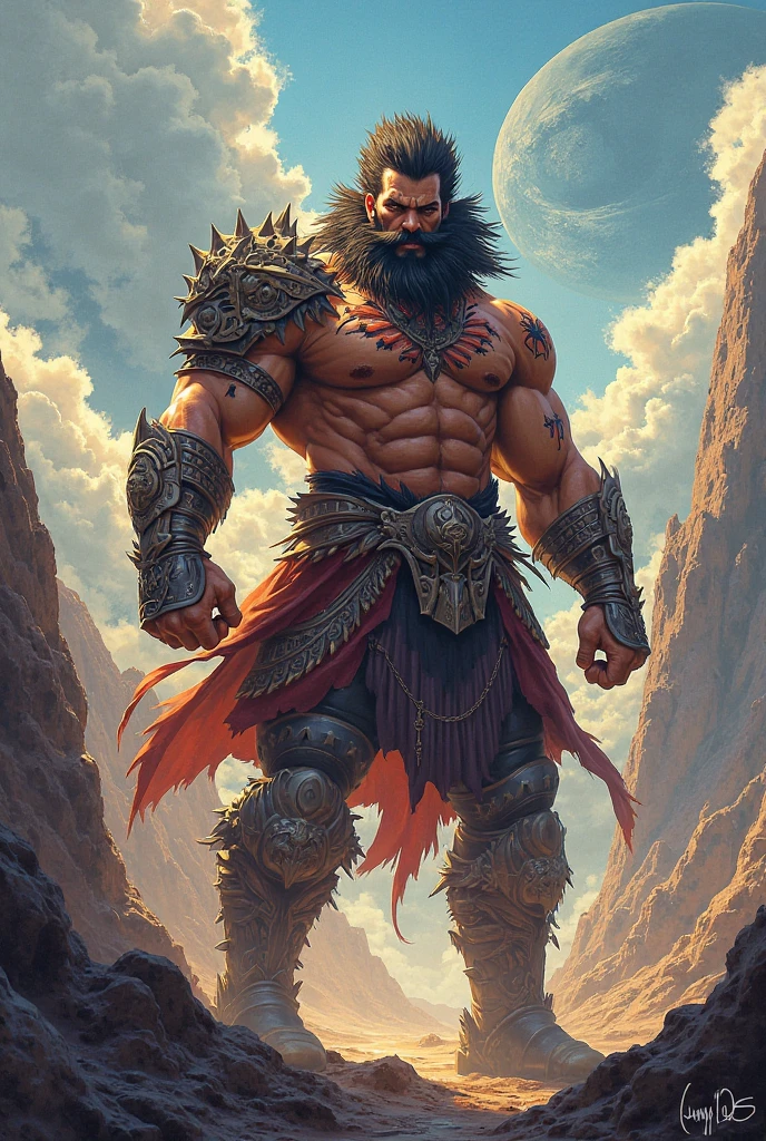 Character with a staff that looks like a sun a muscular body is powerful with a symbol of the sun orange arms with metal relief legs with disappointed symbols black eyes is yellow a metal crown that looks like the sun is a dangerous fighter side with throbbing muscles is athletic