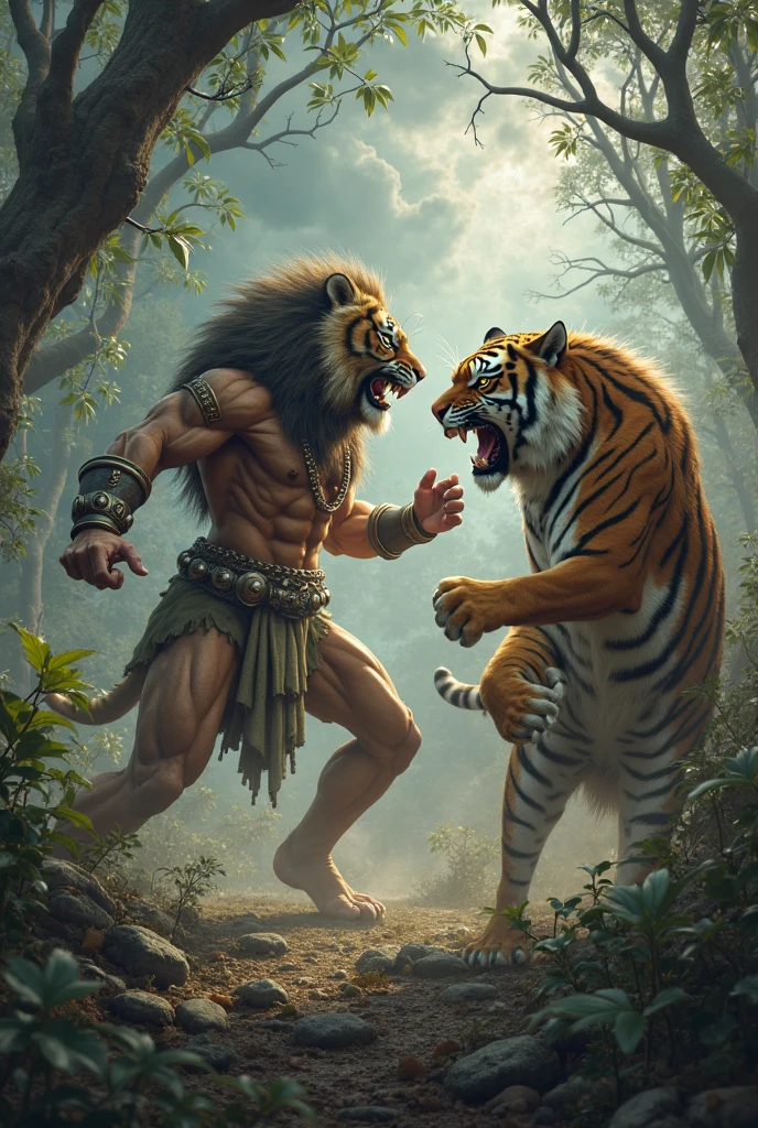 Two warriors: A humanoid lion warrior, wearing a belt that says PWW, along with a white tiger also humanoid, facing a horde of zombies.