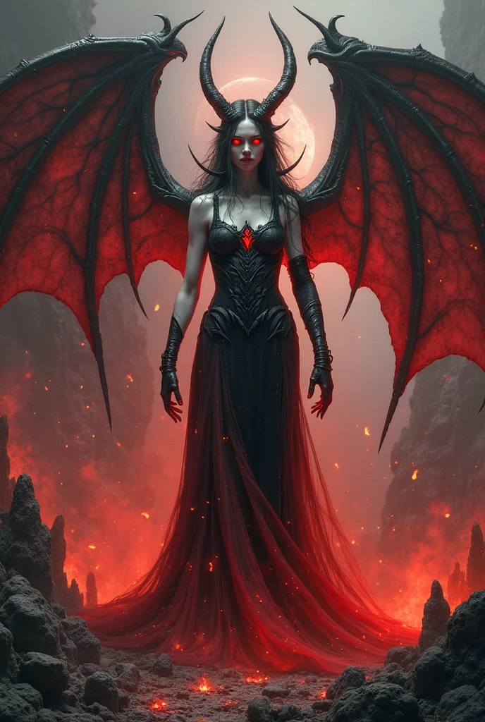 a woman in a red dress with wings standing in front of a full moon, succubus | medieval, beautiful succubus, beautiful elegant demon queen, raven winged female vampire, succubus, demoness, vampires fantasy, demon woman, full body devil woman, beautiful vampire queen, lilith, with hellish devil wings, beautiful vampire female queen