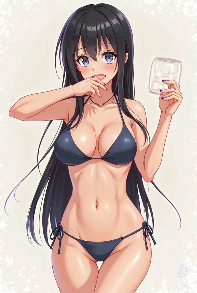 masterpiece, best quality, ultra-detailed, illustration,1girl,
long hair, dark hair,
medium breast, side tie bikini, excited,