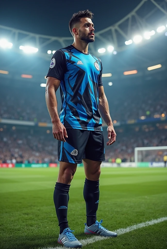 Design me a soccer uniform with black colors, White and blue