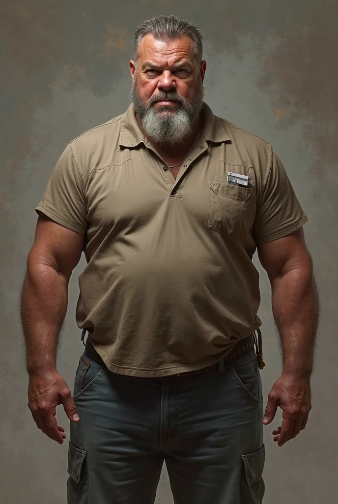 A rough and masculine looking man in hos mid 30s. Wearing leather boots and leather trousers but no shirt. Hairy chest. 3 days stubble on face, balding head