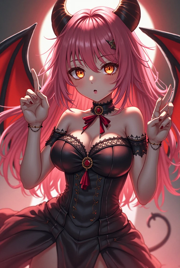8k, highres, ultra detailed, (masterpiece:1.4), 1girl , armpit crease , back , backless dress , backless outfit , bare shoulders , bat wings , black choker , black dress , black gloves , blood , blood from mouth , blood on flower , blue eyes , elbow gloves , fangs , frilled dress , full moon , hair between eyes , hair intakes , heart earrings , holding flower , jewelry , large breasts , long hair , looking at viewer , looking down , night , nose , open mouth , pink hair , red flower , red moon , red rose , red sky ,red wings , rose ,sky , sleeveless dress , solo , strapless dress , teeth , upper teeth only , vampire