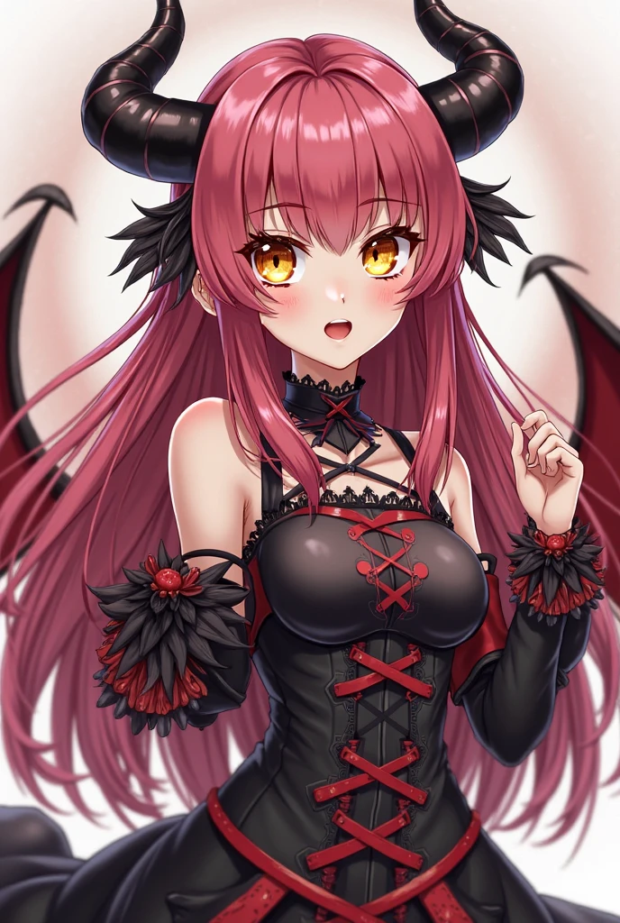annytf, 1girl, portrait, upper body, bat wings, hands dovering chest, black sweater, blush, red eyes, vibrant red hair, cleavage cutout, clothing cutout, vampire girl, hair ornament, heart cutout, long hair, long sleeves, looking at viewer, big breasts, one side up, parted lips, smile, solo, star (symbol), heart hair ornament, turtleneck, turtleneck sweater, virtual youtuber,