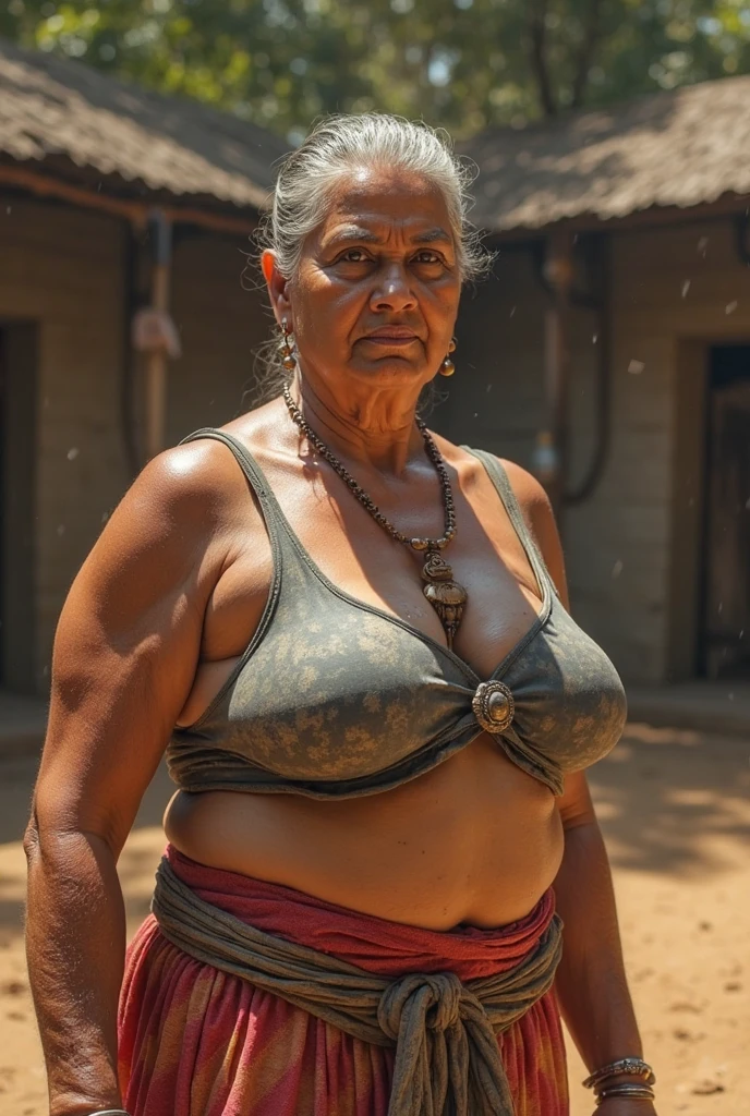 Realistic image of a rustic 5 black woman from the northeast, with a rustic face with expression lines of age and wearing prescription glasses with a large, thick frame, coily hair, full and disheveled black hair with gray tones, Prominent nose, full and drooping mouth, body skinny, big buttocks, with thick legs, thick thighs, natural breasts, small and flaccid, totally naked, is standing imposingly with a broom in a humble backyard of a Brazilian house.