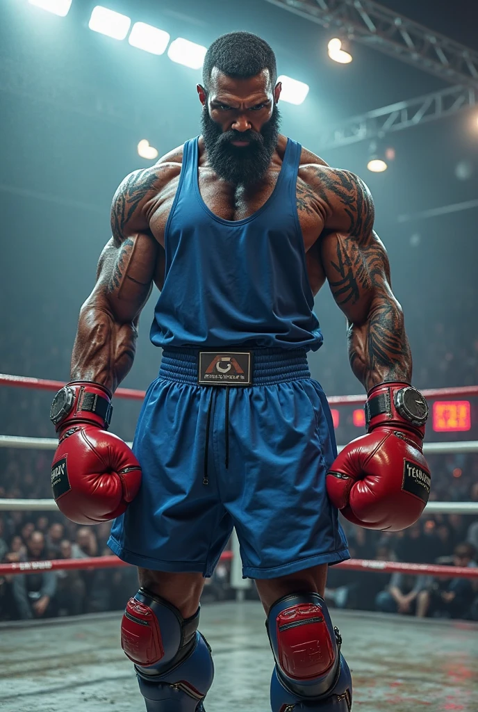 A bearded man, very strong and tall black man, with dreadlocks. With tiger eyes and stripes tattoos, bearded. Wearing a boxer's outfit. And cloth gloves