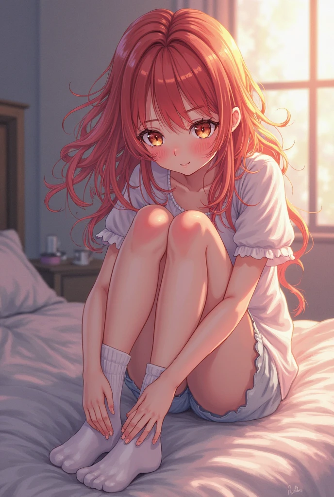 miku nakano, Nakano Miku Ticket III, long hair, bangs, blue eyes, brown hair, hair between eyes, wake up,sleepy,slightly open t-shirt,black string underwear,barefoot,smile,Bedroom,light goes out, covered with a blanket, windows,ロマンチックなmorning日,morning,extreme light,sitting on the bed,
break indoors, Bedroom,
break (masterpiece:1.2), highest quality, High resolution, unity 8k wallpaper, (shape:0.8), (beautiful and detailed eyes:1.6), highly detailed face, perfect lighting, Very detailed CG, (perfect hands, perfect ???????),
