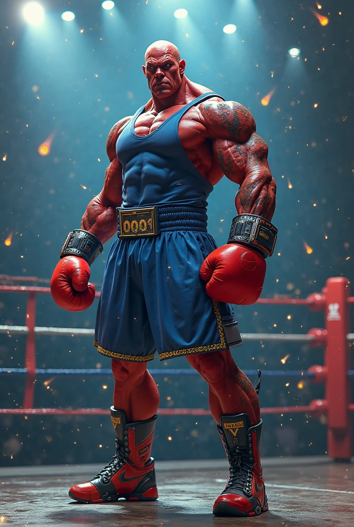 Boxing logo with a red Buffalo, muscled man with blue boxing gloves. And fire around
