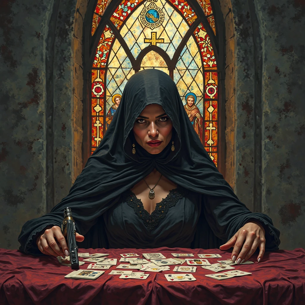woman dj nun, dark, horror, red tones, gothic church in the background, ultra realistic, horror movie lighting, scary, chaos, neon lights in the background, realistic, dark, huge breast, Fujifilm Fujichrome Provia 100F movie, flashlight, ultra realistic, 8K UHD. --auto --s2