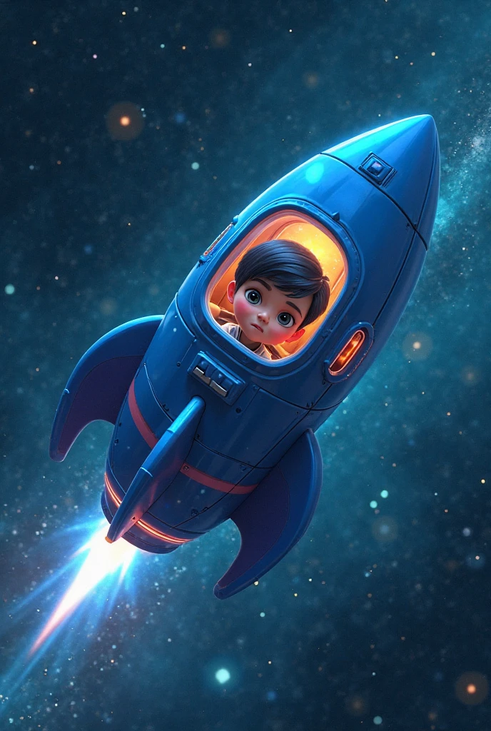 Create a picture of a boy, who sits in his spaceship and flies through space