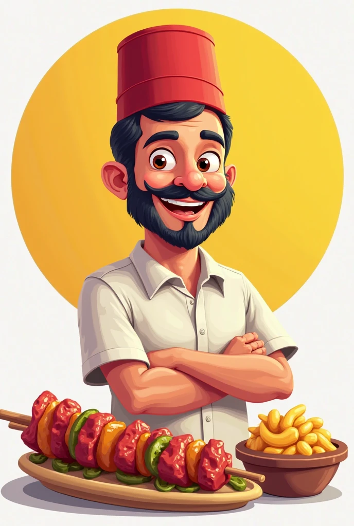 Logo A satay seller with a moustache, wearing a black shirt and a red and white striped shirt underneath, wearing a headband and in front of him is a serving of delicious ready-to-eat satay. Dan bertuliskan sate CAK BAZS