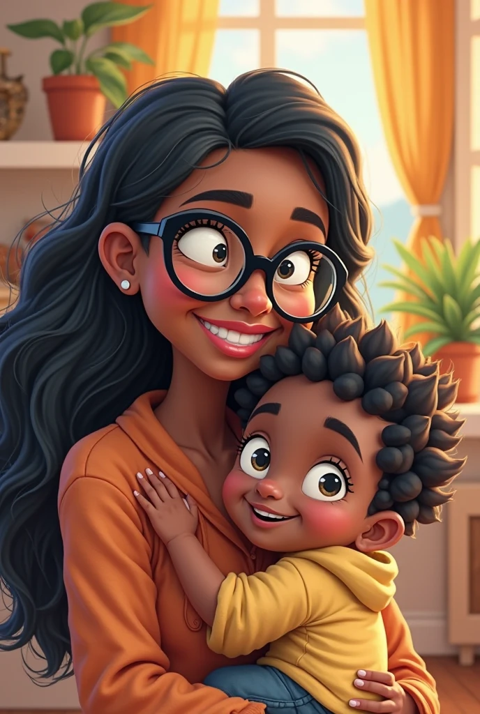 "Mom kissing her little boy on the lips", cabelos pretos, Black mother is seen wearing glasses and skirt with straight line, short hair, Little boy of black skin color and medium curly hair is seen wearing shorts, master part, Realistic, high resolution, alta qualidade, extremely high quality, melhor qualidade, Ultra Detalhado, extremamente detalhado,