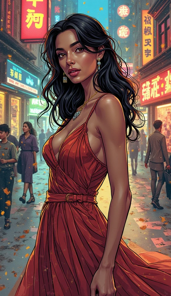 Uma american woman, work of art, perfect lighting, lot of details, wears red dress, smoking, high resolution, long black hair, 4K, not bar, work of art, face perfect, high resolution, full body image,smoking, background with drinks, silk dress, skirt covering the entire leg, american woman com chapéu, mysterious look, Grinning, legs covered by long dress, legs not shown, beautiful pose,american woman, gorgeous face
