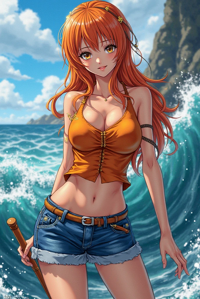 detailed background, masterpiece, best quality, late youth, adult, (hand spread sideway), 1girl, active, energic, (largemouth) , (((solo))), nami \(one piece\), 1girl, bangle, (leaning forward, tilting, hands up, bruises on body, (high extremly thick Voluminous ponytail, long hair, wavy ponytail, shaved armpit)), perfect detailed face, bold drawing lines, muscular arms, detailed bold arm lines, flat jaw, adult woman, (thick defined bangs, very long left side bangs, lock of hair upward), floating bang streaks, (big cheeks), bare shoulders, off-shoulders, belt, bikini, bikini top only, blue sky, bracelet, springy breasts, breast lines, big round eyes, plain big brown shiny eyes, bubbles, high eye position, cleavage, cloud, day, denim, earrings, floating hair, shiny hair, green belt, green bikini, bold groin lines, jeans, jewelry, medium breasts, log pose, long hair, looking at viewer, navel, wet hair, orange hair, pants, shoulder tattoo, sidelocks, sky, solo, standing, stomach, swimsuit, tattoo , looking at viewer, open mouth, detailed left arm, big forehead, hourglass figure, small head, toned body, wide hair, wind effect, sun effect, under the sun, narrow small ears angle, older, random poses,