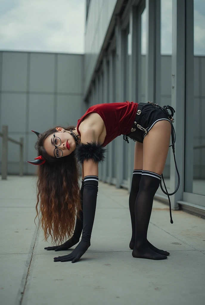 girl in short black dress with tight long sleeves, heart harness on a thigh , platform ankle boots with red laces, loose hair and a headband of horns