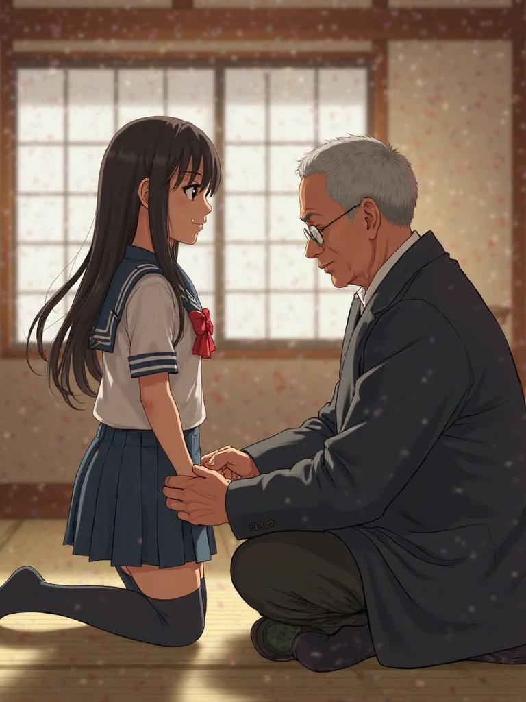 Make a picture of an anime character she is kneeling in front of an old man she is sucking the old man&#39;s crotch while she looks at you