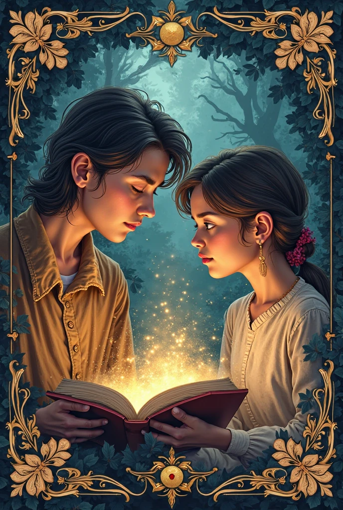 a man holding a pop up book of golden pages with paper Cutting art of a family surrounded by golden feathers and magical symbols, the book emanates golden and blue light waves. The background and a burst of wind revolves the mist and colored fog of a room, thick wavy Brush strokes, Digital illustration. brush strokes, watercolor, golden rays, fantastic art, dreamy atmosphere, rainbow waves, Peaceful environment, close up, (best quality, masterpiece) intricate, gold patterns, 