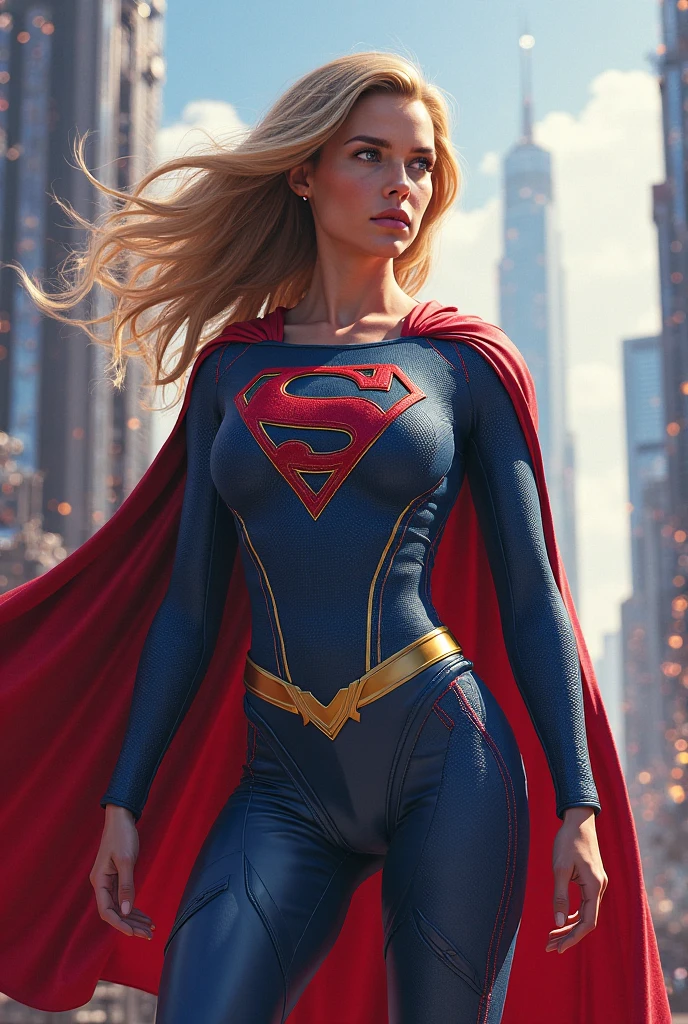 El hijo de flash y supergirl, adult, with a fused suit of both superheroes, and with a cape, rubio... Con traje de flash y supergirl fusionados, and lightning emblem and the "s" (de superman)