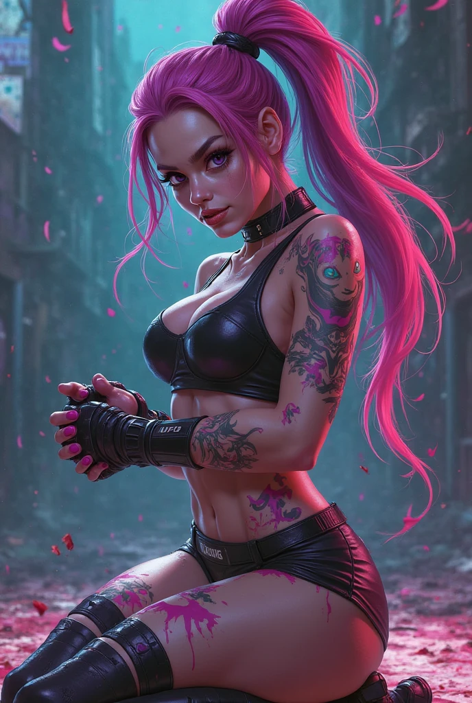 kpop girl with rizz smile face, bad ass, black gloves, bobba shake, neon cyan pink hair, tattoos on hands and neck, piercing, black mixed green striped oversized tomboy ish sweater, cool badass pose, smoke background, colorful smoke background