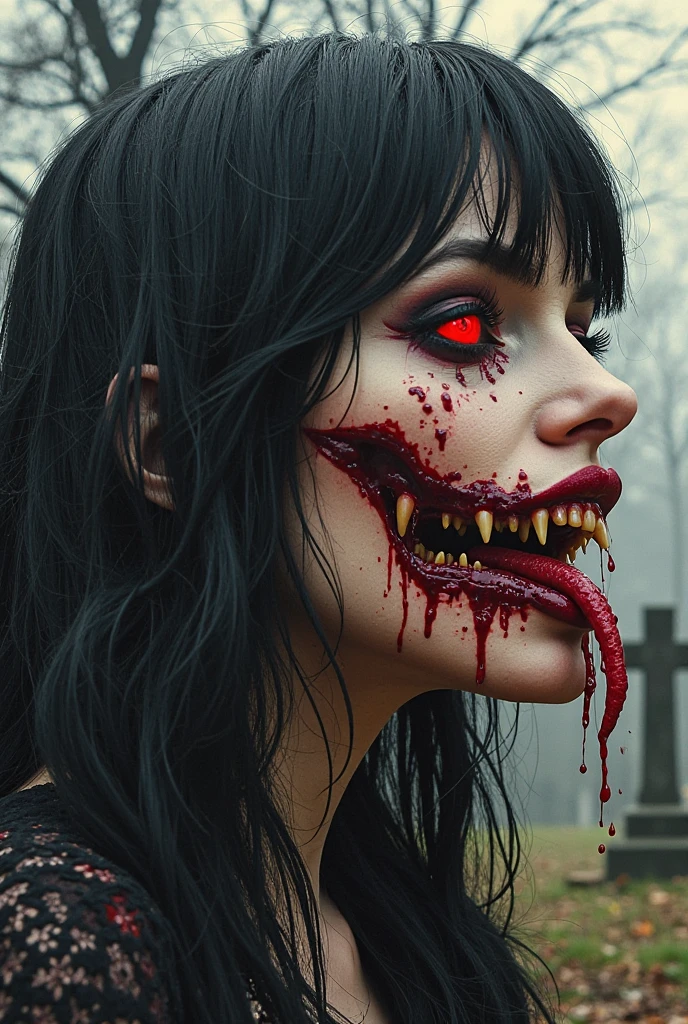 a close up of a woman with red hair and a vampire makeup, vampire girl, vampire portrait, dark vampire, female vampire, cute face. dark fantasy, vampires fantasy, with fangs, beautiful vampire queen, in style of dark fantasy art, beautiful vampire female queen, dark fantasy style art, vampire teeth, beautiful female vampire, victorian vampire