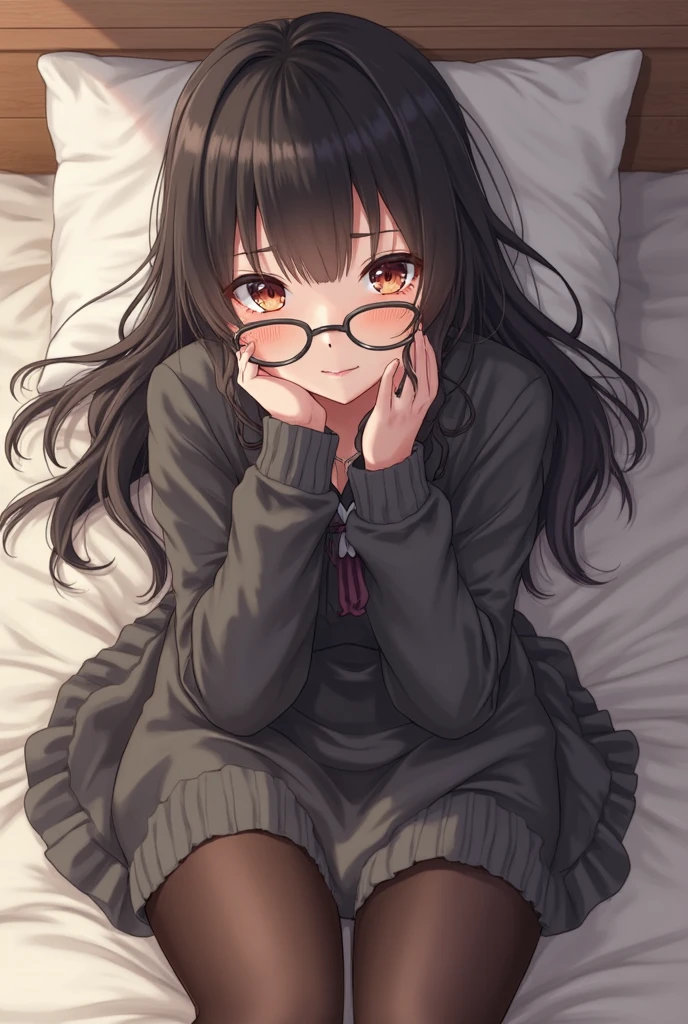 Anime style girl lying on top of a bed wearing prescription glasses and a sweatshirt with shorts and long socks with shoes crying a little 
