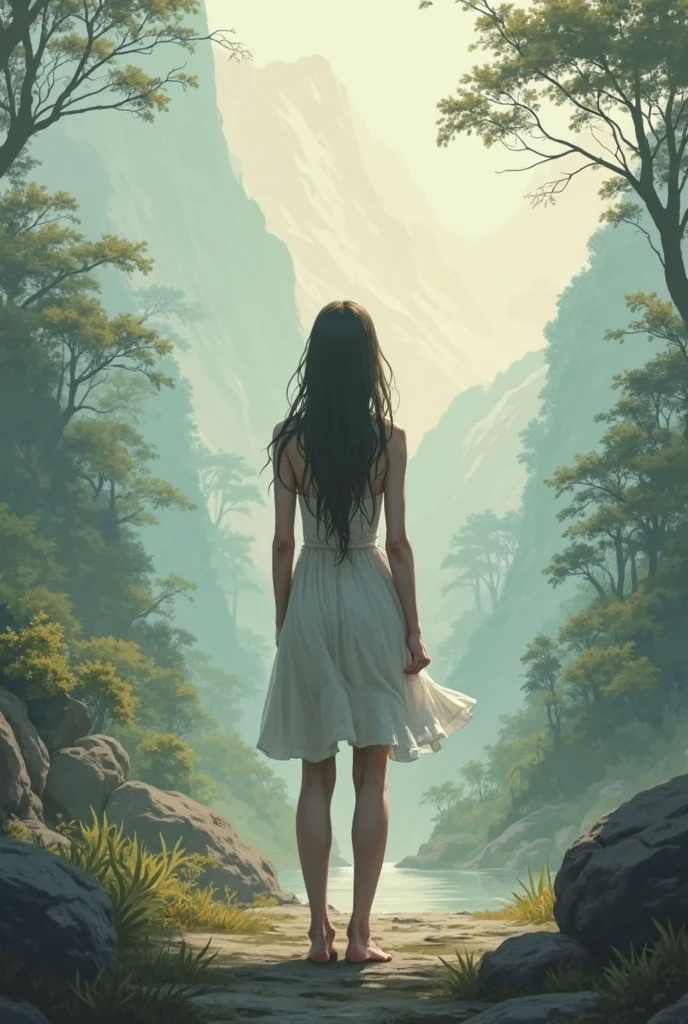 Back view of young woman in the forest