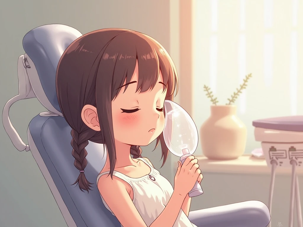 ((Лучшее качество)), ((шедевр)), (подробный), in the hospital, a cheerful naked girl in a white coat with brown hair, squatting intently, holds in her hands a very small flaccid male penis with saggy testicles from a man standing opposite in the style of realism