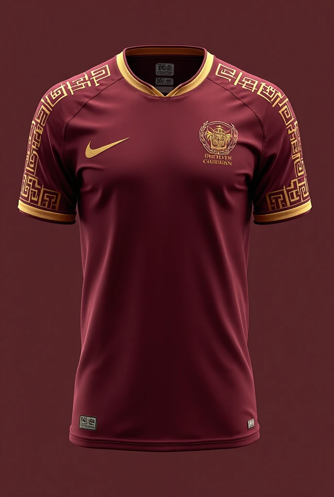 Men's red volleyball shirt with a black side ribbon with gold details with a small emblem on the left side of the chest of a sword and a Spartan helmet