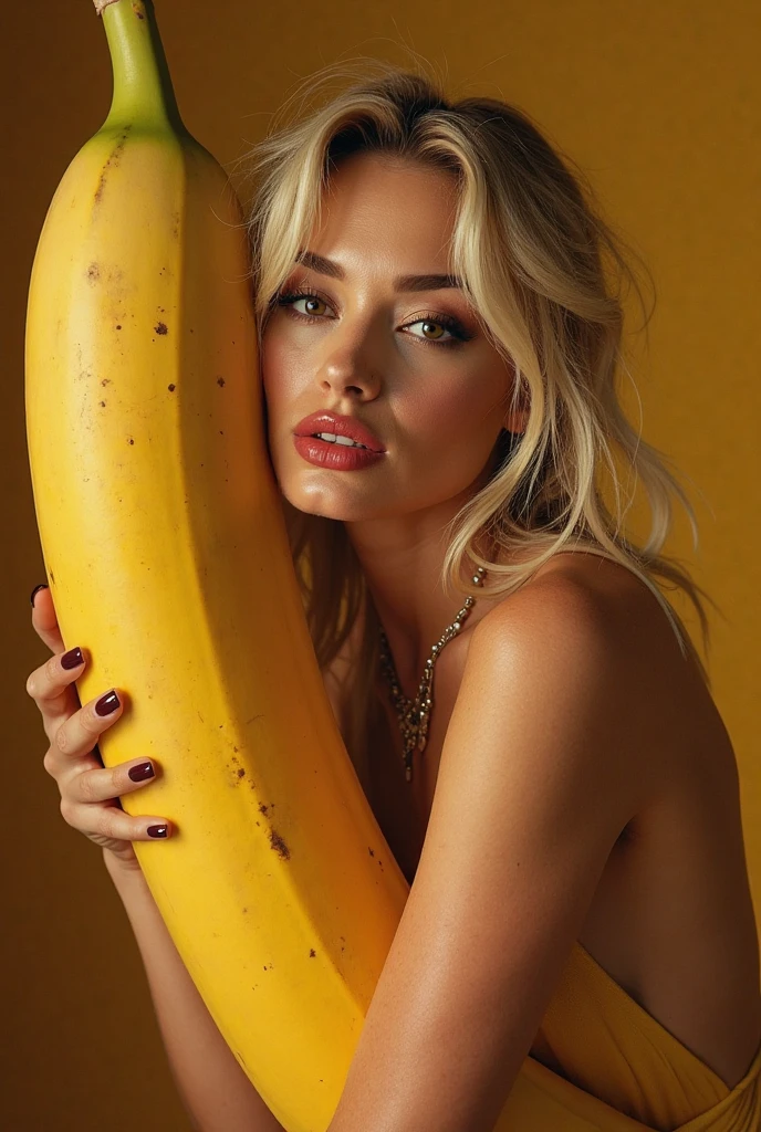 Julie Ege in a market with lipstick completely naked and smiling