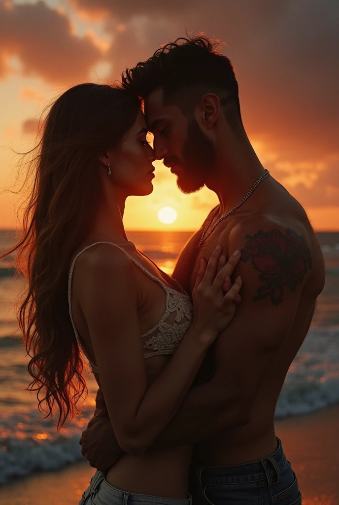 A distant view of two people kissing. A naked man with wet black hair, grey eyes, seductive look, full lips, tattoos y piercings besa a una mujer desnuda delicada con rostro de modelo, diamond-shaped eyes, Blue-gray, black eye shadow, seductive look, long black hair. with pink and white streaks, partition wall, earrings, tattoos, at sunset on the beach in the water naked making love full body holding her in my arms
