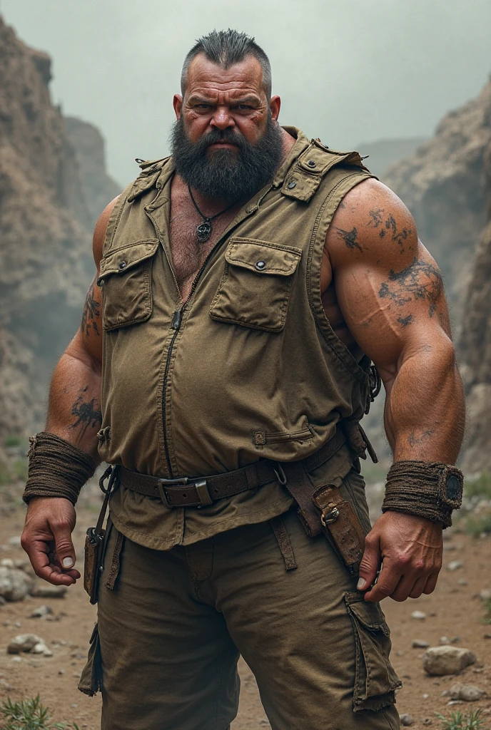 strong man, hunter with a hat made from a bear&#39;s head and a panther skin jacket with blood smeared on his body showing signs of the hunt and a dark forest background