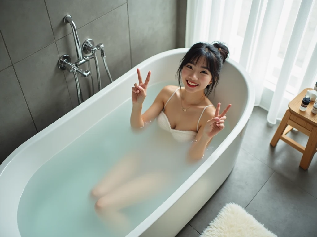 woman, ((looking at the phone in the hand:1.5)), sitting in the bath in the bathroom, smile, wearing a swimsuit