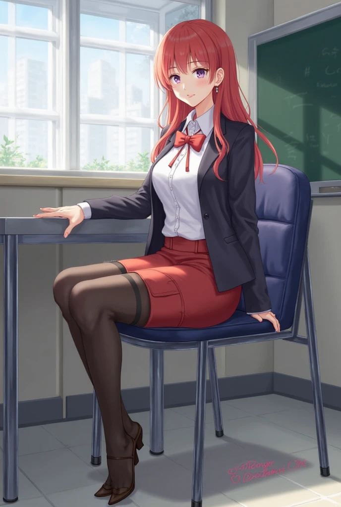 (Masterpiece, Best Quality, High Quality:1.4), professional artwork, Intricate Details, field of view, sharp focus, detailed painting, masterpiece, cinematic lighting, trending on pixiv, (vivid lighting, vibrant colors, by by Nagasawa Rosetsu:1.05),
Hiroko Takashiro, (mature female, milf:1.1), solo, (curvy:1.1), standing near chalkboard, holding chalk, classroom, (full body shot:1.1),
(red hair:1.05), long hair, lipstick, makeup, ultra detail hair, ultra detail face, (purple eyes:1.05), perfect eyes, perfect face, earrings, (confused, blush:1.2),
shirt, jacket, (black thighhighs, garter belt:1.1), zettai ryouiki, pencil skirt, school uniform, highheels,
(Large Breasts:1.1), Cleavage, big ass, thighs,