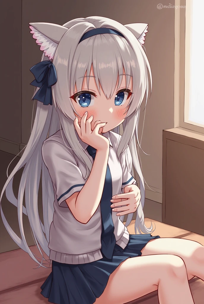 Masterpiece, anime coloring, ultra-detailed, 16k, athletic sitting,, short sleeve shirt, (transparent),miniskirt, (((skirt flip, white panties))), silver hair, long hair, blush, smiling, blue eyes, red string ribbon, from front,cowboy shot,sit bed,((looking down,from down)),((legs open)),squatting