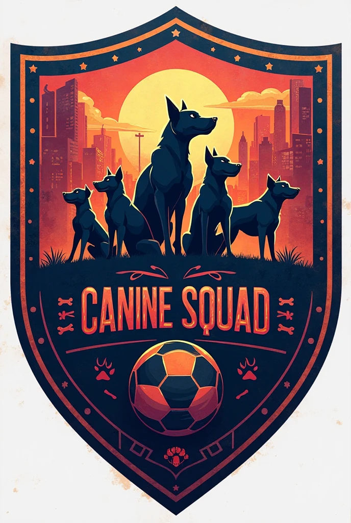 I want a minimalist team crest in burgundy and yellow colors, where 3 Dalmatian dogs are integrated with 3 shadows of people behind them. In a cyberpunk style