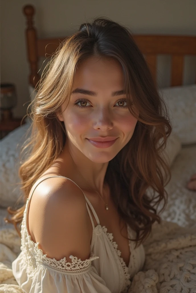 ((best quality)), ((masterpiece)), (detailed), Creates an illustration of a beautiful young Venezuelan woman. She has golden skin, brown and wavy hair, and bright eyes that reflect great vitality. Elle ne porte aucun vêtement, avec des accessoires discrets comme des bracelets colorés. Le fond de l'image montre une chambre lumineuse bien rangée et celle ci est allongée sur le lit et on voit son vagin . Capturez son sourire radieux et sa personnalité vibrante.