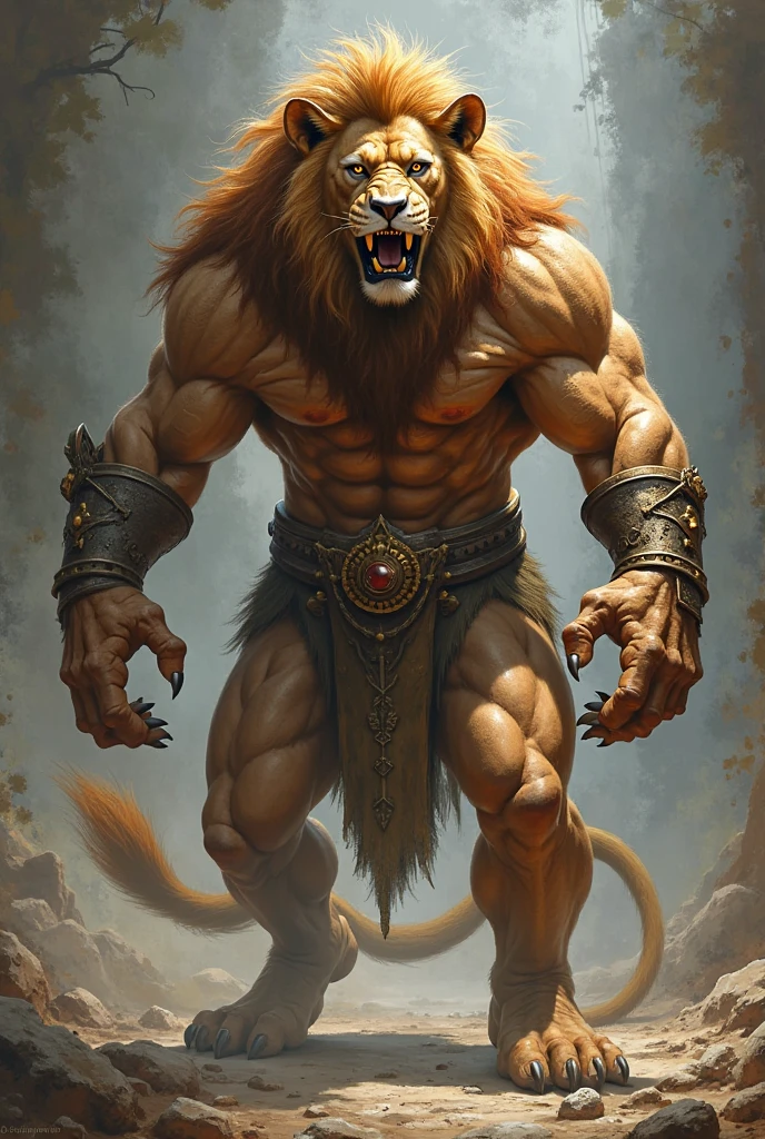 top-quality, masterpiece, ultra-detailliert, Raw photo, Muscular monster body with lion face, Glaring eyes, Pounce Pose, In a spooky night room, In a lonely ruin, Pale lighting